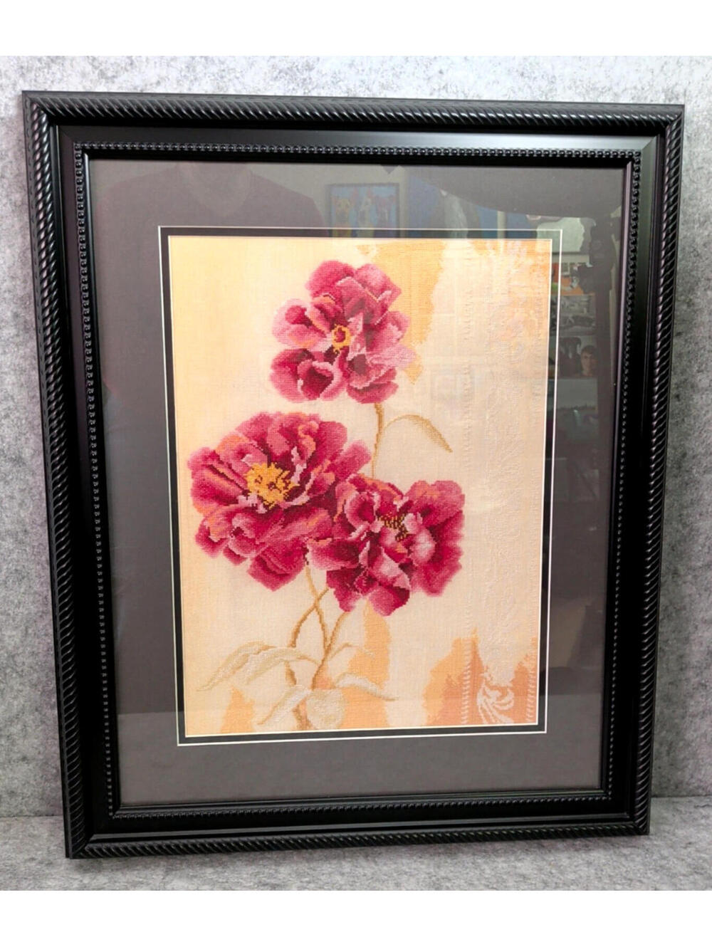 Vintage Completed Lanarte-Style Cross Stitch Peonies Floral Matted and Framed